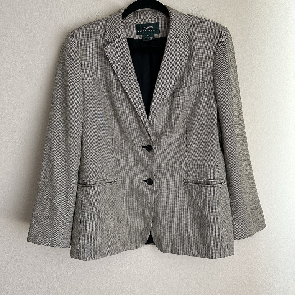Lauren Ralph Lauren Blazer Womens 10 Tan Black Micro Houndstooth Linen Blend